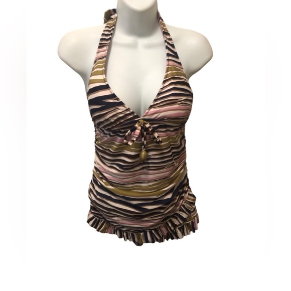 Becca By Rebecca Virtue Striped Halter Style Ruffle Skirt 1PC Swimsuit Sz. M - Picture 2 of 9